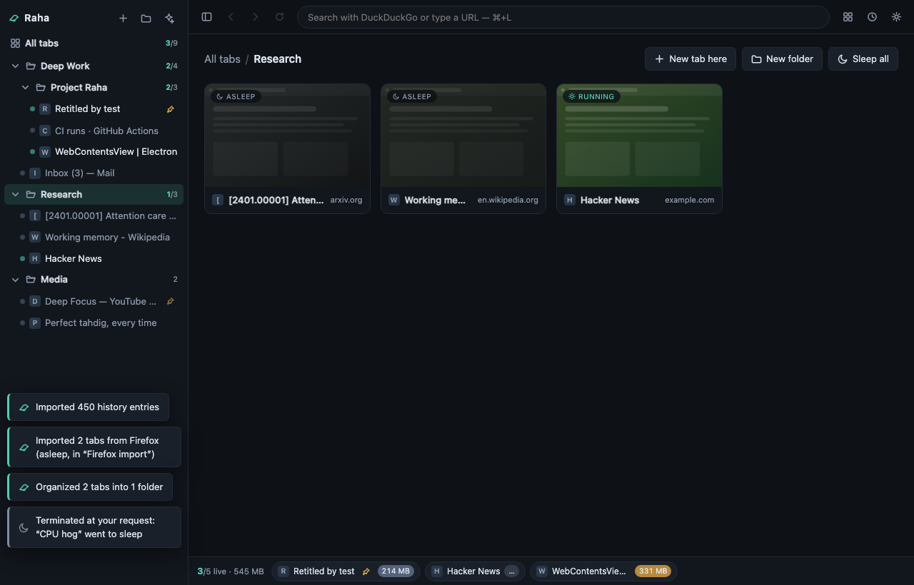 Raha: folder grid with thumbnails, nested sidebar, live bar with per-tab memory badges