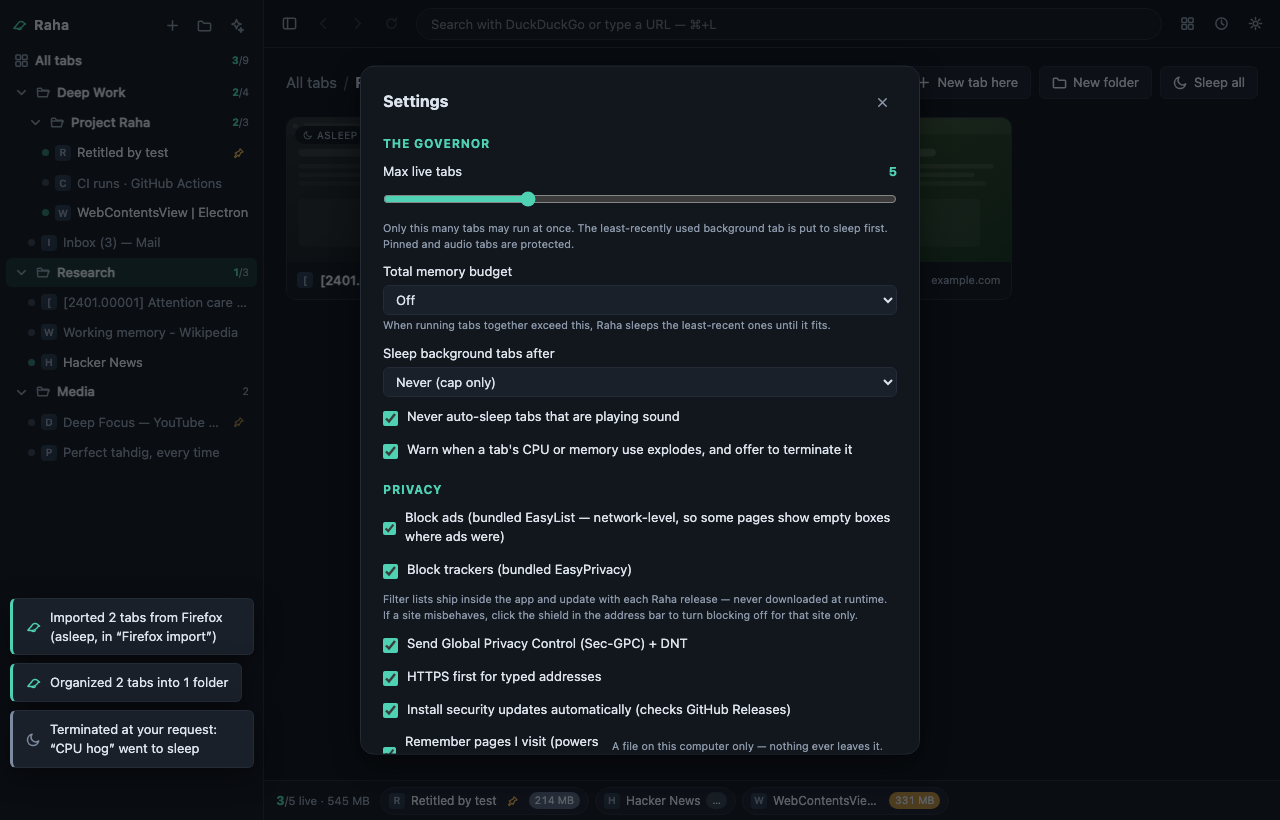 Raha settings: the governor’s knobs (live-tab cap, memory budget, idle timer) and the privacy toggles